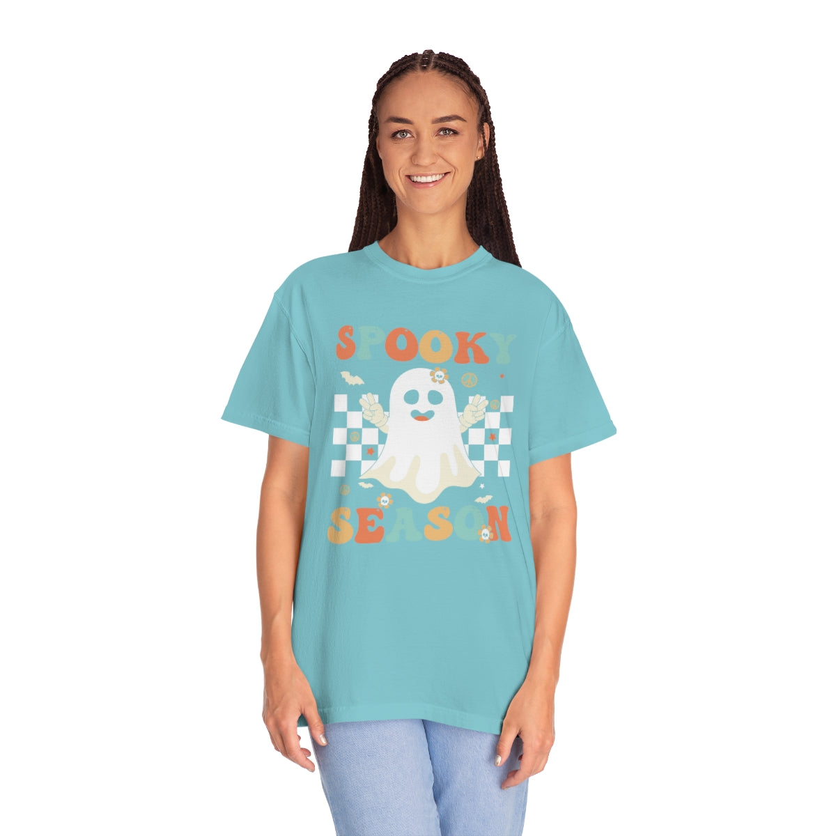 Spooky Season Halloween with Checkerboard Cute Retro Design, Halloween Tshirt, Funny Tshirt Design on Unisex Garment-Dyed T-shirt