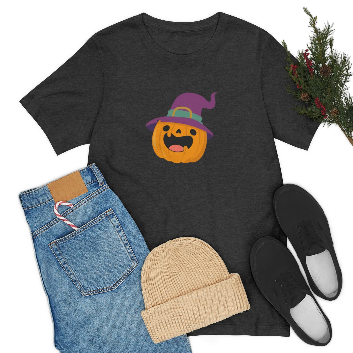 Pumpkin with Purple Hat Happy Halloween Tshirt, Funny Halloween T-Shirt Design on Unisex Jersey Short Sleeve Tee