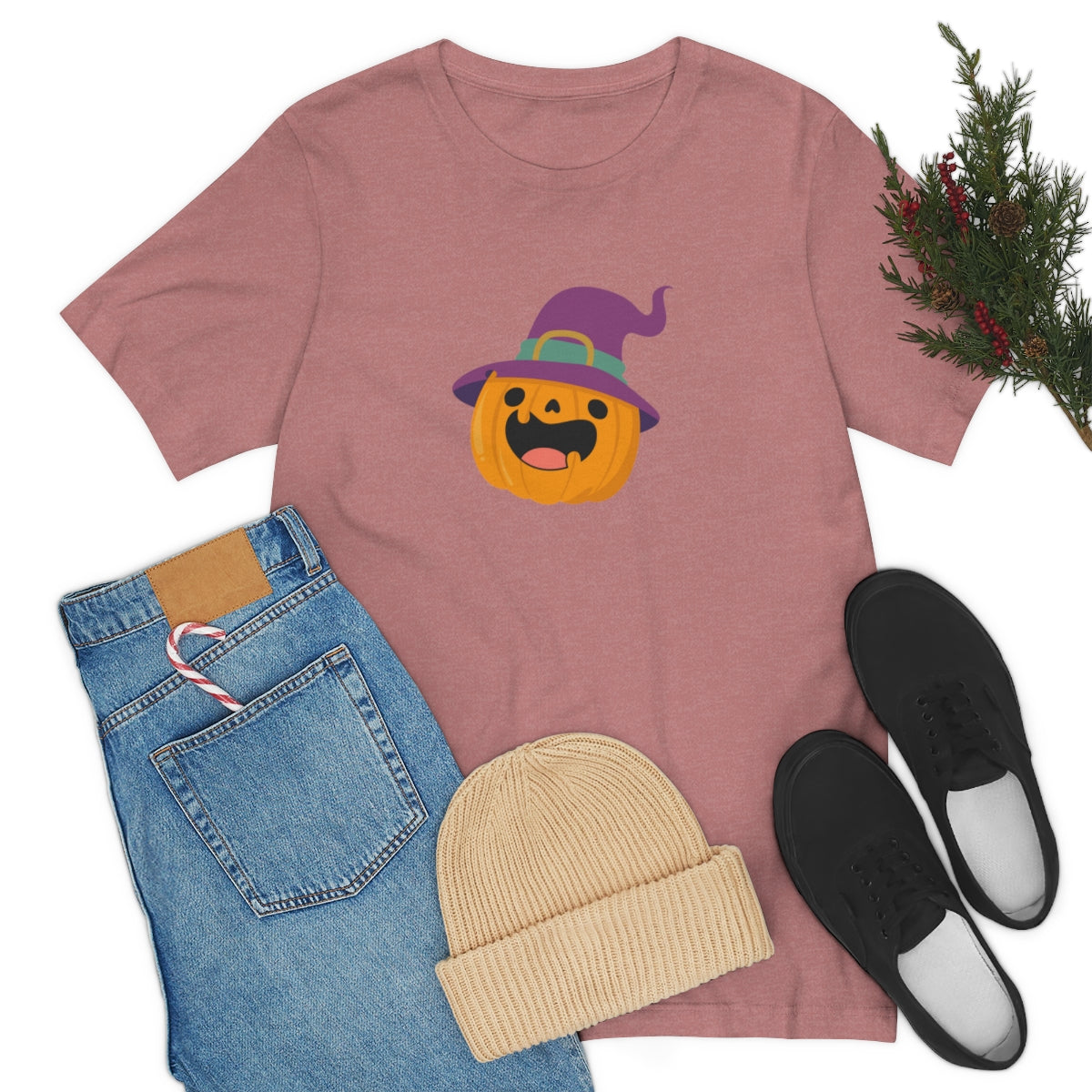 Pumpkin with Purple Hat Happy Halloween Tshirt, Funny Halloween T-Shirt Design on Unisex Jersey Short Sleeve Tee