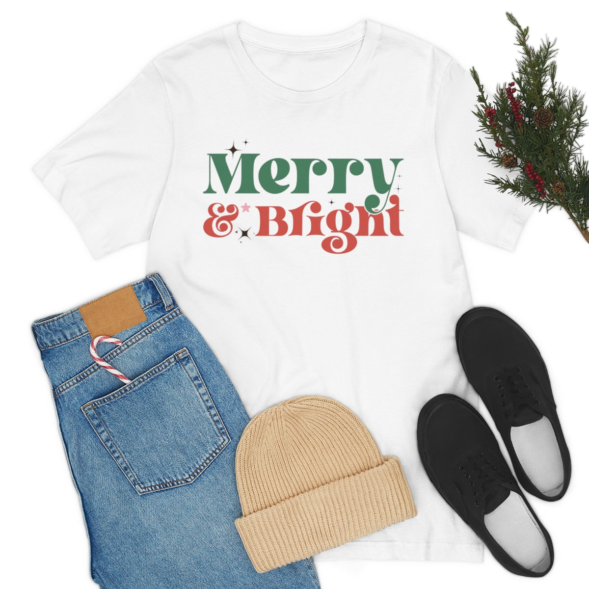 Retro Merry & Bright Vintage Style Christmas Xmas Holiday Tshirt