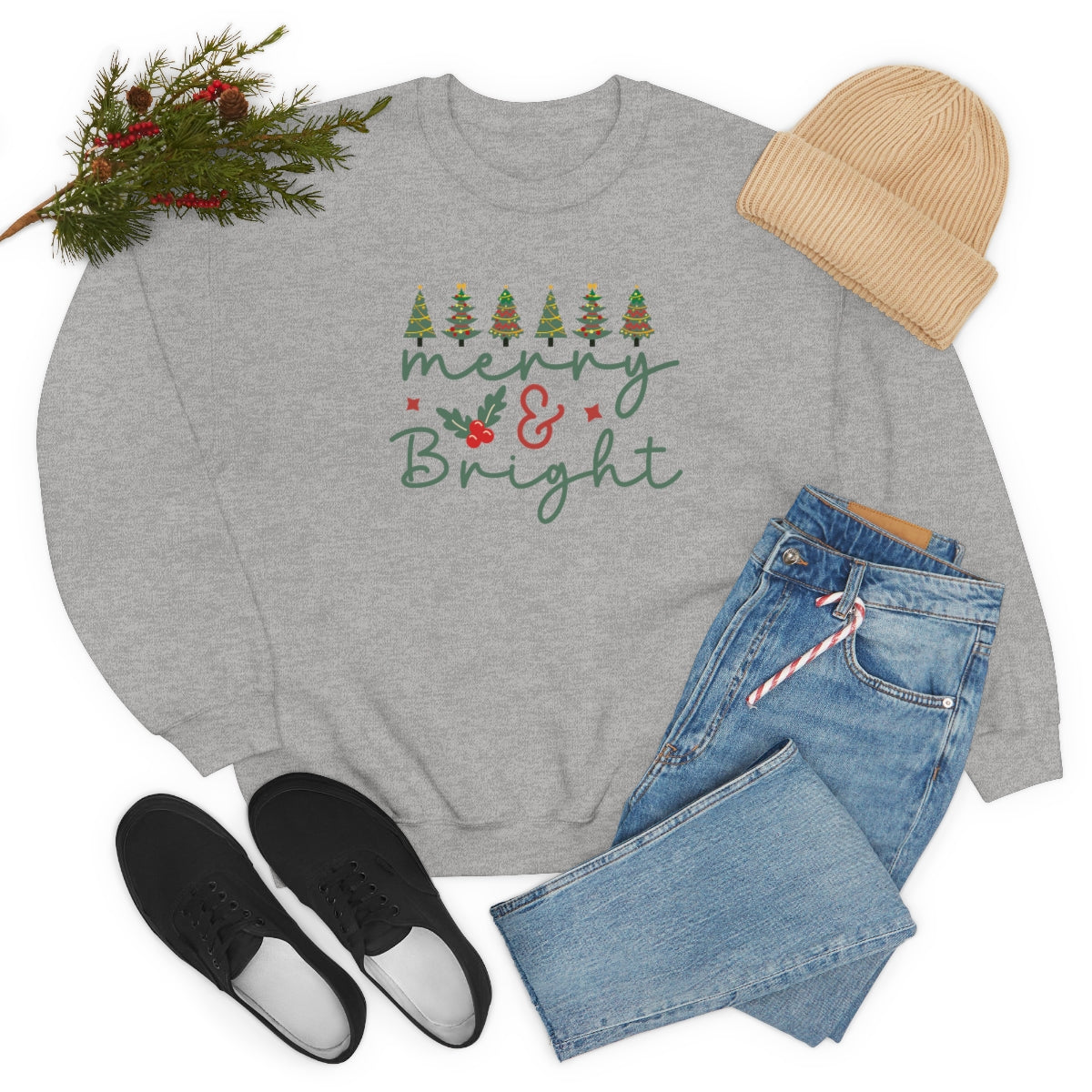 Cute Merry & Bright Christmas Trees Lights Xmas Holiday Sweatshirt